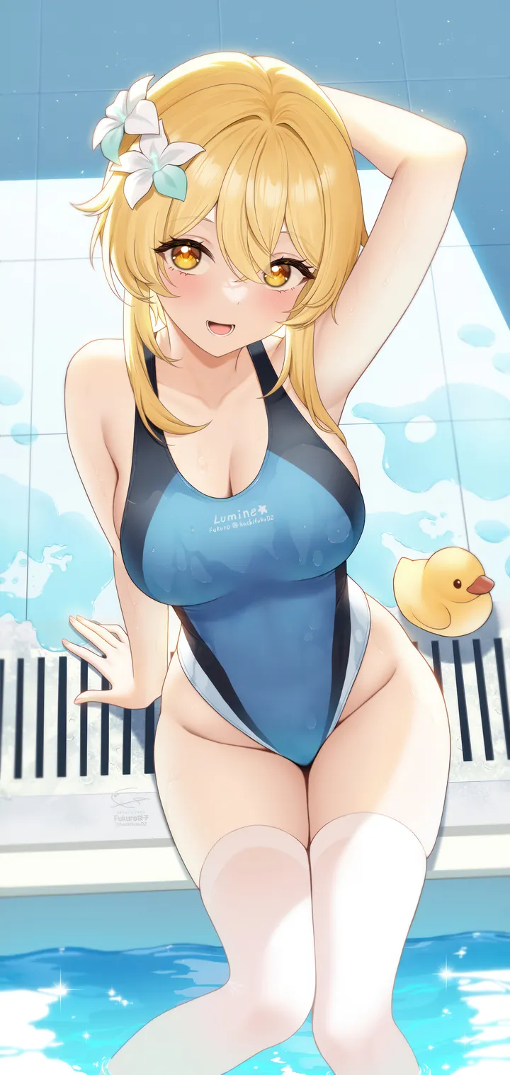 1girl,one-piece_swimsuit,arm_up,breasts,cleavage,bangs,solo,arm_behind_head,feet_out_of_frame,poolside,sitting,thighs,hair_flower,hair_ornament,sidelocks,rubber_duck,short_hair_with_long_locks,hair_between_eyes,open_mouth,arm_support,water,soaking_feet,pool,swimsuit,white_flower,white_thighhighs,looking_at_viewer,vertical,smile,groin,blush,armpits,blue_one-piece_swimsuit,wet,bare_arms,competition_swimsuit,large_breasts,thighhighs,blonde_hair,collarbone,covered_navel,bare_shoulders,highleg_swimsuit,highleg,flower,yellow_eyes