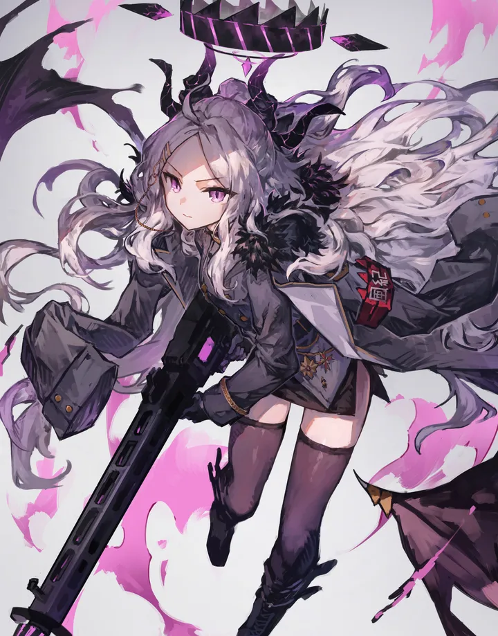 1girl,parted_bangs,military,military_uniform,bangs,uniform,solo,hairclip,ahoge,coat,halo,hair_ornament,jacket,very_long_hair,demon_wings,demon_horns,gloves,holding_weapon,coat_on_shoulders,holding_gun,holding,multiple_horns,machine_gun,gun,weapon,fur_trim,white_hair,looking_at_viewer,skirt,vertical,purple_eyes,zettai_ryouiki,wings,armband,horns,thighhighs,pencil_skirt,long_hair,long_coat,long_sleeves,boots,forehead,black_gloves,black_skirt,black_thighhighs,black_footwear