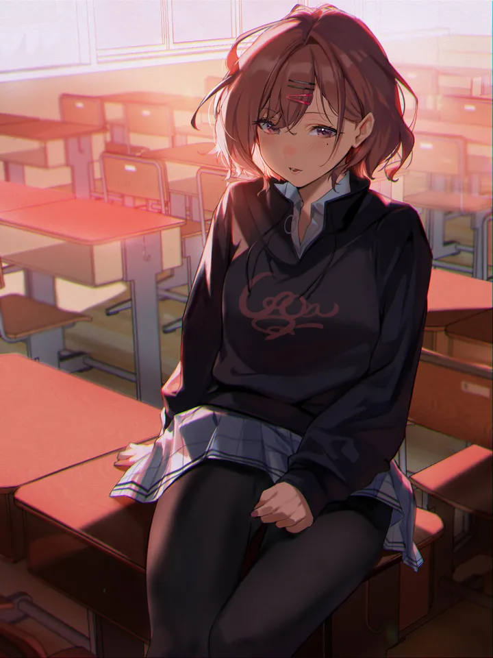 1girl,desk,bangs,solo,hairclip,on_desk,sitting,sitting_on_desk,hair_ornament,indoors,parted_lips,classroom,collared_shirt,school_uniform,plaid,plaid_skirt,brown_hair,chair,sweater,mole_under_eye,grey_skirt,mole,white_shirt,pleated_skirt,looking_at_viewer,short_hair,skirt,window,vertical,purple_eyes,blush,chromatic_aberration,shirt,school_desk,pantyhose,miniskirt,long_sleeves,black_sweater,black_pantyhose