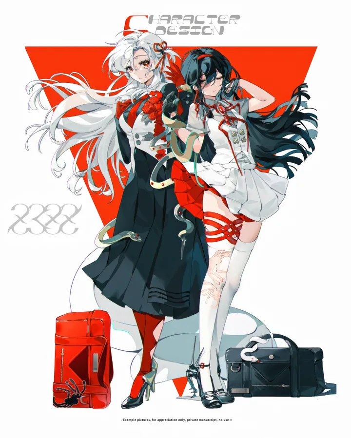 2girls,ribbon,school_bag,breasts,full_body,bangs,bag,multiple_girls,hair_ribbon,hair_ornament,hair_between_eyes,gloves,white_hair,white_skirt,white_background,white_shirt,pleated_skirt,looking_at_viewer,short_sleeves,skirt,vertical,standing,smile,red_ribbon,red_eyes,buttons,snake,shirt,thighhighs,dress,pantyhose,long_hair,neck_ribbon,high_heels,black_hair,black_skirt,black_footwear