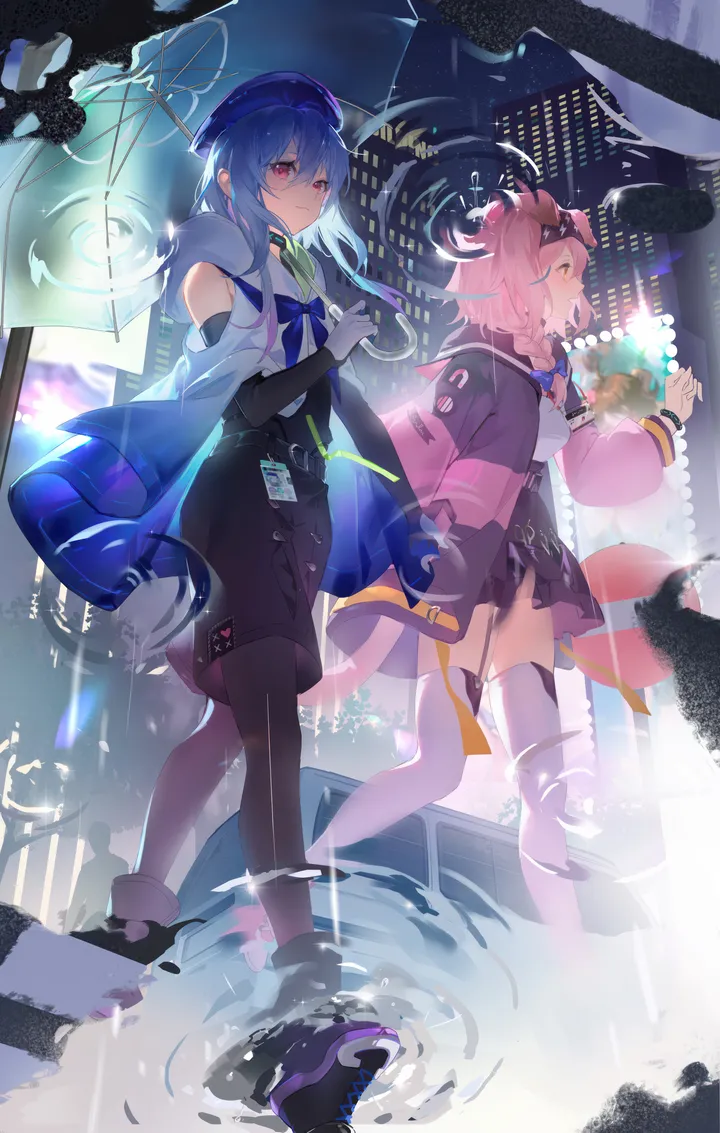 1girl,1boy,braid,neckerchief,ribbon,otoko_no_ko,from_side,sideways_glance,profile,hood,animal_ears,bangs,reflection,hairband,closed_mouth,side_braid,city,coat,night,sidelocks,jacket,tail,short_hair_with_long_locks,hat,hair_between_eyes,building,outdoors,gloves,hand_up,holding,skyscraper,holding_umbrella,open_coat,cloak,water,hood_down,ripples,cat_girl,cat_tail,cat_ears,white_gloves,white_cloak,white_shirt,white_thighhighs,belt,creator_connection,looking_to_the_side,looking_at_viewer,skirt,shorts,vertical,standing,smile,pink_coat,pink_hair,pink_jacket,pink_eyes,pink_footwear,red_eyes,blue_neckerchief,blue_hair,blue_headwear,blue_cloak,blue_bow,bow,hair_bow,shirt,legwear_under_shorts,open_jacket,open_clothes,beret,walking,id_card,thighhighs,sneakers,pantyhose,transparent,transparent_umbrella,long_hair,elbow_gloves,long_sleeves,boots,rain,umbrella,bare_shoulders,shoes,black_hairband,black_gloves,black_skirt,black_shorts,black_collar,black_shirt,black_pantyhose,black_footwear