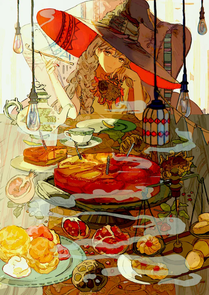 1girl,braid,twin_braids,bangs,solo,sunflower,witch_hat,hat,elbows_on_table,holding,cookie,cup,table,fruit,spoon,smoke,plate,looking_at_viewer,vertical,red_nails,teapot,teacup,steam,cake,long_hair,food,fork,pie,witch,flower