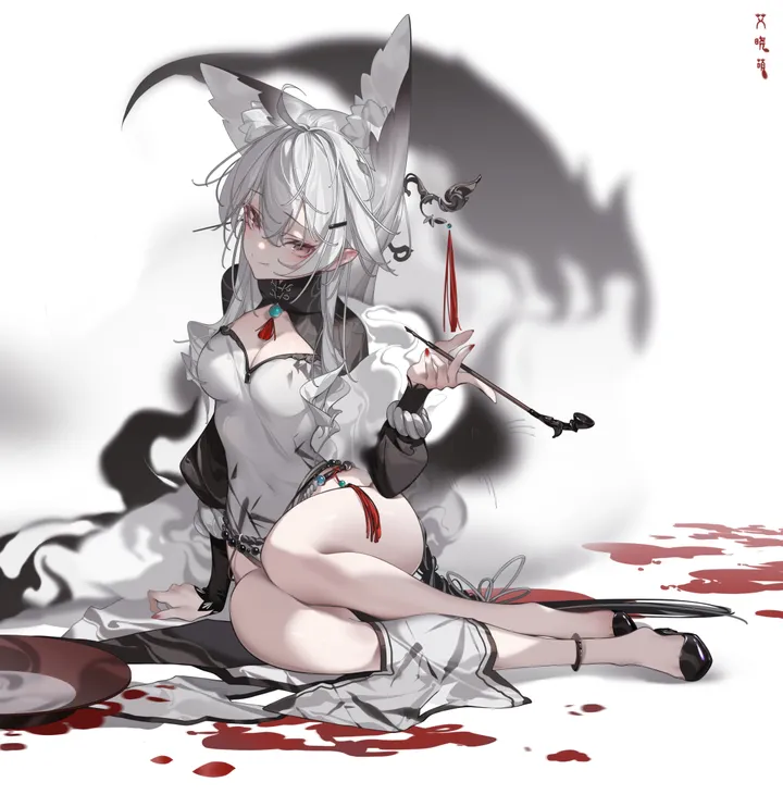 1girl,chinese_clothes,medium_breasts,breasts,cleavage,yokozuwari,full_body,animal_ears,bangs,solo,hairclip,ahoge,closed_mouth,sitting,thighs,hair_ornament,tail,flats,hair_between_eyes,holding,holding_smoking_pipe,nail_polish,grey_hair,grey_eyes,smoking_pipe,kiseru,fox_girl,fox_ears,jewelry,white_hair,white_background,white_dress,looking_at_viewer,vertical,smile,red_nails,red_eyes,animal_ear_fluff,clothing_cutout,extra_ears,dress,long_hair,long_sleeves,covered_navel,cleavage_cutout,black_footwear