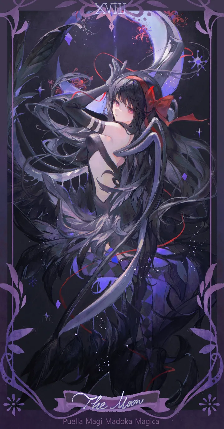 1girl,2girls,ribbon,breasts,from_side,bangs,solo,solo_focus,hairband,character_name,tarot,multiple_girls,hair_ribbon,bow_weapon,gloves,looking_at_viewer,vertical,purple_eyes,red_ribbon,red_hairband,red_bow,feathered_wings,wings,argyle,argyle_legwear,bow,hair_bow,thighhighs,dress,long_hair,elbow_gloves,bare_shoulders,backless_outfit,backless_dress,black_hair,black_gloves,black_wings,black_dress