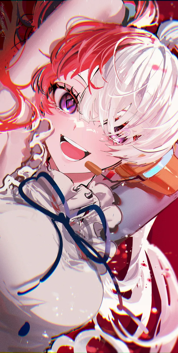 1girl,ribbon,arms_up,breasts,upper_body,split-color_hair,bangs,solo,two-tone_hair,multicolored_hair,hair_over_one_eye,headphones,open_mouth,sleeveless,teeth,white_hair,white_dress,looking_at_viewer,vertical,smile,purple_eyes,red_hair,red_background,armpits,frills,large_breasts,dress,long_hair,neck_ribbon