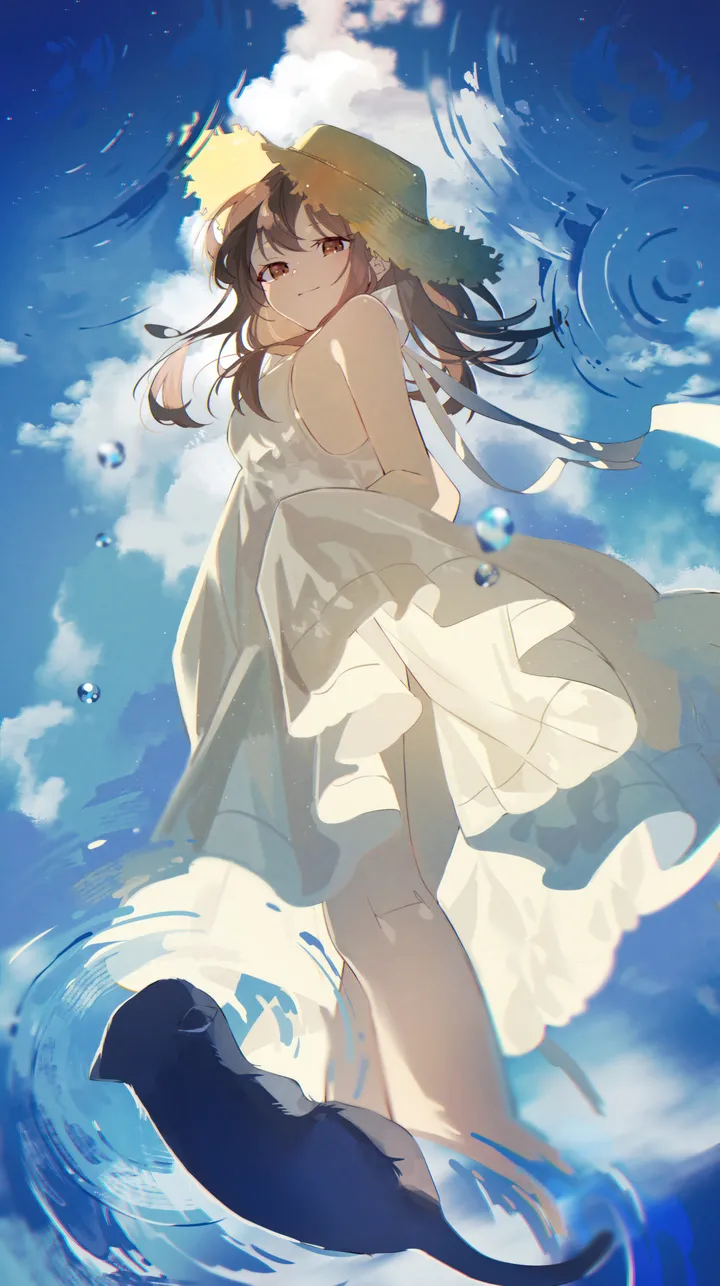 1girl,breasts,cloud,from_below,bangs,solo,arms_behind_back,reflection,closed_mouth,looking_back,cloudy_sky,sky,sun_hat,sundress,hat,outdoors,sleeveless,sleeveless_dress,brown_hair,brown_eyes,water,water_drop,reflective_water,ripples,cat,day,white_dress,looking_at_viewer,vertical,standing,smile,straw_hat,blue_sky,dress,long_hair,bare_shoulders,black_cat