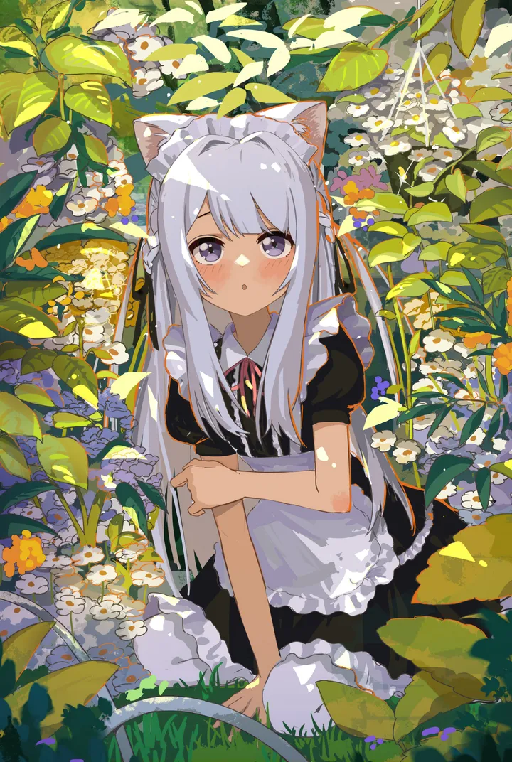 1girl,braid,ribbon,between_legs,animal_ears,bangs,solo,apron,sitting,hair_ribbon,sidelocks,maid,maid_apron,maid_headdress,parted_lips,outdoors,hand_between_legs,collared_dress,plant,cat_ears,white_apron,white_hair,white_flower,white_pantyhose,looking_at_viewer,short_sleeves,vertical,pink_ribbon,purple_eyes,animal_ear_fluff,blush,frills,frilled_apron,frilled_dress,grass,puffy_short_sleeves,puffy_sleeves,dress,pantyhose,long_hair,neck_ribbon,flower,wariza,black_ribbon,black_dress