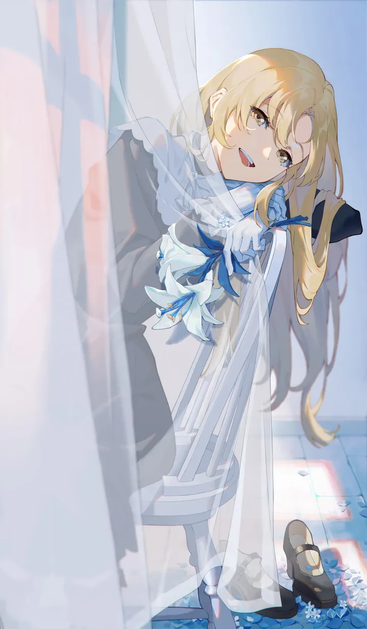 1girl,virtual_youtuber,ribbon,upper_teeth_only,nun,parted_bangs,bangs,solo,sitting,indoors,capelet,open_mouth,gloves,brown_eyes,chair,mary_janes,white_gloves,white_capelet,looking_at_viewer,curtains,vertical,smile,petals,socks,dress,blonde_hair,long_hair,long_sleeves,shoes,flower,black_dress,black_footwear