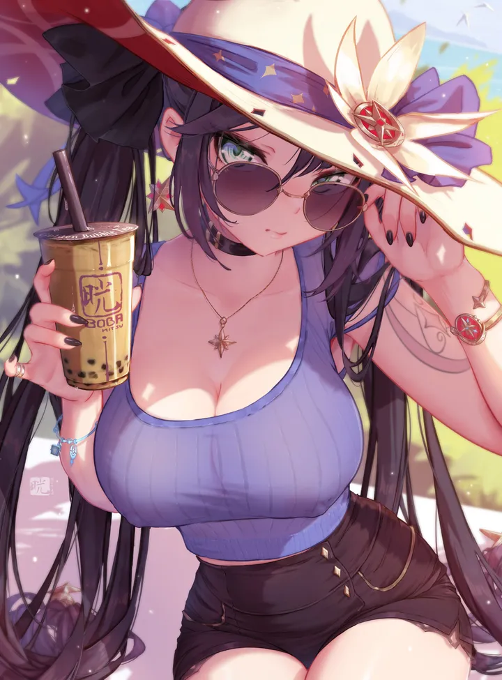 1girl,ribbon,breasts,cleavage,bangs,solo,twintails,drinking_straw,sitting,sunglasses,thighs,sun_hat,alternate_breast_size,witch_hat,hat,very_long_hair,outdoors,holding_cup,bracelet,adjusting_eyewear,holding,nail_polish,sleeveless,star_symbol,star_earrings,tinted_eyewear,cup,bubble_tea,jewelry,looking_at_viewer,shorts,casual,alternate_costume,vertical,short_shorts,tattoo,green_eyes,earrings,blush,shirt,looking_over_eyewear,large_breasts,collarbone,long_hair,covered_nipples,choker,necklace,disposable_cup,high-waist_shorts,black_hair,black_nails,black_shorts,black_choker