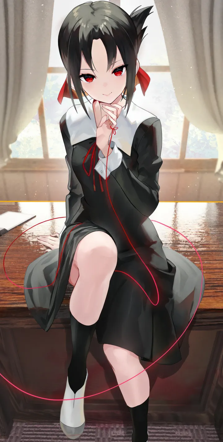 1girl,ribbon,desk,breasts,parted_bangs,bangs,solo,kneehighs,string_of_fate,closed_mouth,on_desk,sitting,hair_ribbon,sidelocks,indoors,uwabaki,folded_ponytail,school_uniform,white_footwear,looking_at_viewer,short_hair,window,curtains,vertical,smile,red_ribbon,red_eyes,string,socks,dress,long_sleeves,shoes,black_hair,black_socks,black_dress