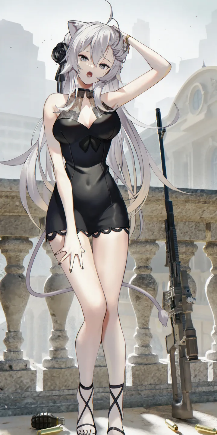 1girl,virtual_youtuber,arm_up,breasts,cleavage,full_body,animal_ears,sandals,bangs,solo,legs,ahoge,hair_flower,hair_ornament,bullet,tail,hair_between_eyes,open_mouth,cartridge,shell_casing,very_long_hair,hand_on_own_head,bracelet,nail_polish,sleeveless,sleeveless_dress,gun,bolt_action,rifle,weapon,toenail_polish,grey_hair,grey_eyes,sniper_rifle,lion_girl,lion_tail,lion_ears,jewelry,looking_at_viewer,vertical,standing,feet,toes,toenails,bare_arms,large_breasts,short_dress,dress,long_hair,covered_navel,bare_shoulders,choker,flower,black_nails,black_rose,black_flower,black_dress,black_footwear,black_choker