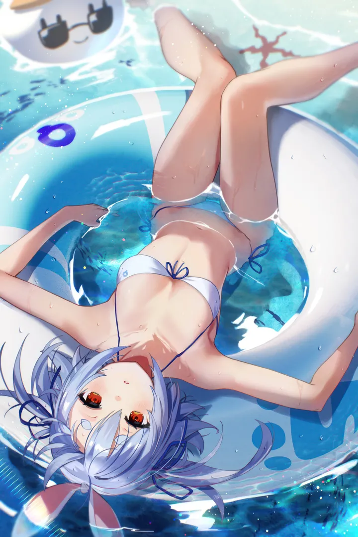 1girl,virtual_youtuber,side-tie_bikini_bottom,ribbon,medium_breasts,breasts,front-tie_top,on_back,upside-down,rabbit_ears,animal_ears,bangs,solo,sunglasses,thighs,hair_ribbon,official_alternate_hair_length,parted_lips,bikini,water,innertube,swimsuit,thick_eyebrows,white_hair,white_bikini,looking_at_viewer,short_hair,vertical,string_bikini,red_eyes,halterneck,front-tie_bikini_top,navel,blue_ribbon,blue_hair,wet,bare_legs,barefoot,short_eyebrows,lying,small_breasts,partially_submerged