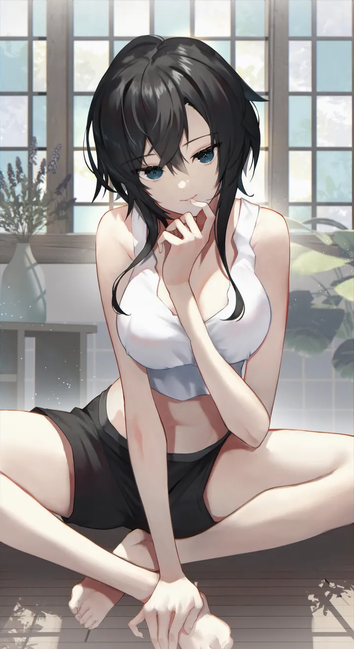 1girl,breasts,cleavage,bangs,solo,hands_on_feet,smoking,on_floor,sitting,sidelocks,indoors,stomach,short_hair_with_long_locks,hair_between_eyes,holding_cigarette,hand_on_own_chin,hand_up,holding,sleeveless,tank_top,sleeveless_shirt,wooden_floor,plant,white_shirt,indian_style,looking_at_viewer,shorts,vertical,smile,short_shorts,navel,feet,toes,blue_eyes,shirt,bare_legs,bare_arms,barefoot,large_breasts,long_hair,midriff,bare_shoulders,crop_top,cigarette,black_hair,black_shorts