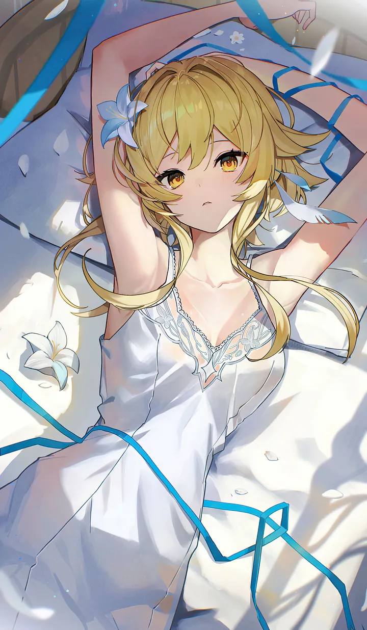 1girl,ribbon,medium_breasts,arms_up,breasts,cleavage,on_back,bangs,solo,on_bed,hair_flower,hair_ornament,sidelocks,short_hair_with_long_locks,parted_lips,sleeveless,sleeveless_dress,pillow,white_flower,white_dress,lily_flower,looking_at_viewer,alternate_costume,vertical,feathers,feather_hair_ornament,spaghetti_strap,armpits,petals,blue_ribbon,bare_arms,lying,dress,blonde_hair,collarbone,bare_shoulders,flower,yellow_eyes