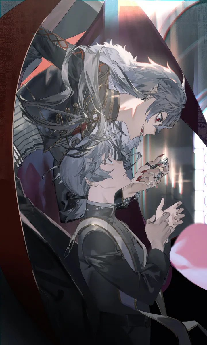 2boys,virtual_youtuber,cross,vampire,multiple_boys,jacket,pointy_ears,sharp_fingernails,open_mouth,holding,fingernails,mole_under_eye,grey_hair,jewelry,male_focus,mole,looking_at_another,piercing,ear_piercing,vertical,smile,red_eyes,earrings,long_hair,long_fingernails,long_sleeves,necklace,ponytail,black_jacket