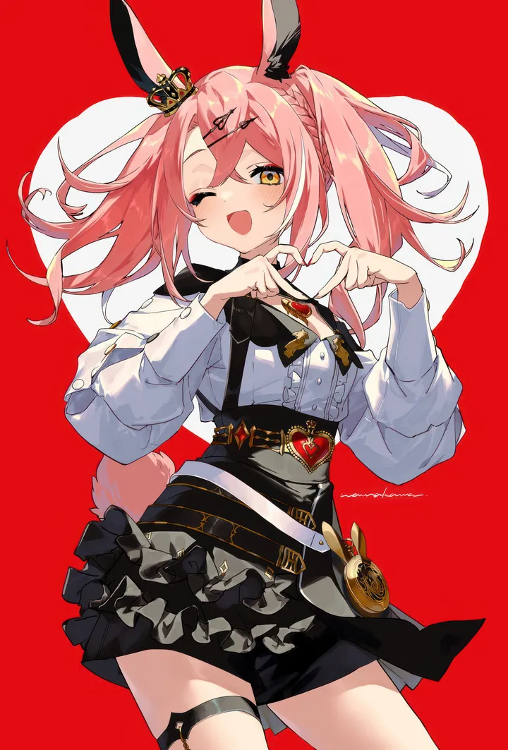 1girl,virtual_youtuber,cowboy_shot,braid,rabbit_girl,rabbit_tail,rabbit_ears,animal_ears,bangs,solo,heart_hands,twintails,thigh_strap,hair_ornament,tail,hair_between_eyes,open_mouth,heart,white_shirt,crown,looking_at_viewer,skirt,vertical,smile,pink_hair,red_background,blush,frills,frilled_skirt,shirt,mini_crown,long_hair,long_sleeves,one_eye_closed,yellow_eyes,black_skirt