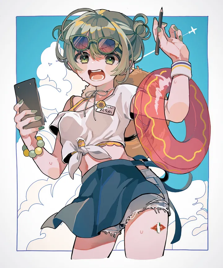 1girl,double_bun,cowboy_shot,breasts,cloud,bangs,solo,hair_bun,sunglasses,sky,hat,open_mouth,phone,bracelet,holding_phone,holding,nail_polish,smartphone,sweat,innertube,denim,denim_shorts,bead_bracelet,jewelry,day,white_shirt,eyewear_on_head,short_hair,short_sleeves,skirt,shorts,cellphone,vertical,short_shorts,green_hair,green_nails,green_eyes,earrings,wristband,straw_hat,blue_sky,shirt,midriff