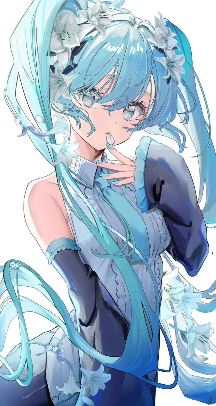 1girl,detached_sleeves,breasts,bangs,solo,twintails,hair_flower,hair_ornament,hair_between_eyes,very_long_hair,hand_up,nail_polish,sleeveless,sleeveless_shirt,collared_shirt,simple_background,aqua_hair,aqua_necktie,white_background,white_flower,white_shirt,looking_at_viewer,skirt,vertical,petals,frills,frilled_shirt,blue_hair,blue_nails,blue_eyes,blue_necktie,shirt,sleeves_past_wrists,long_hair,long_sleeves,bare_shoulders,necktie,flower,black_skirt,black_sleeves