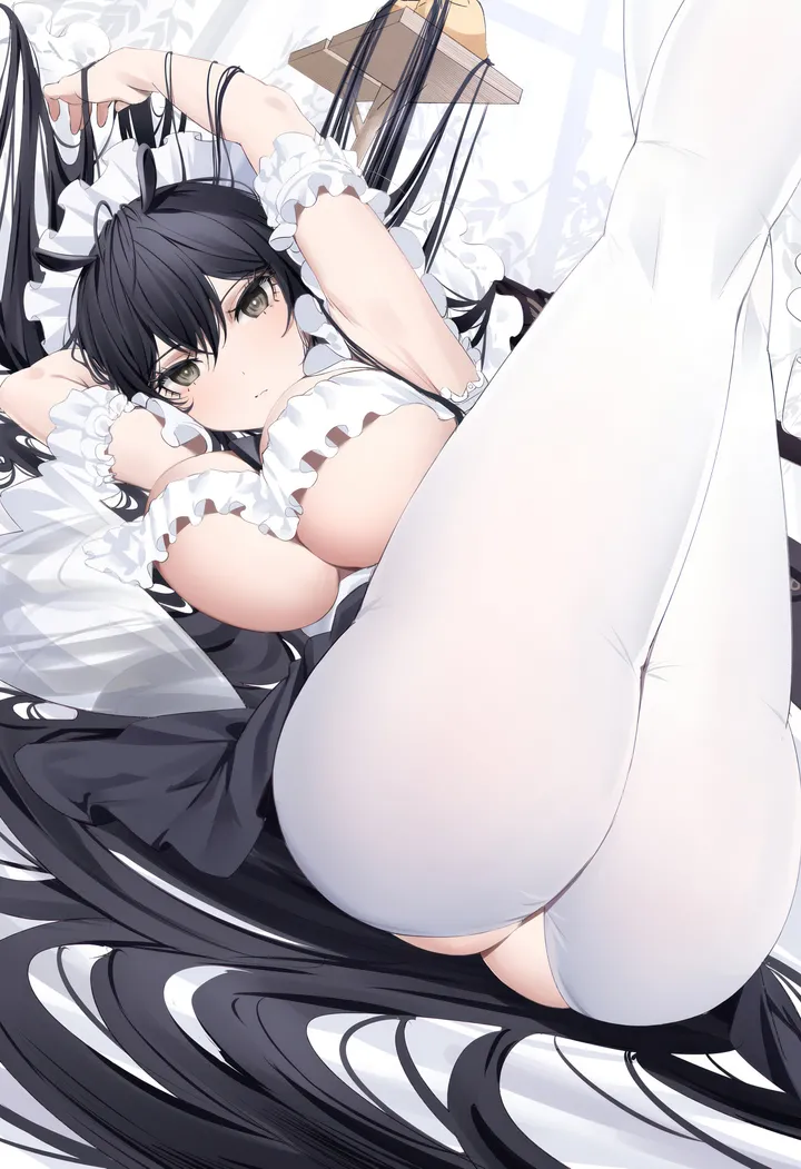 1girl,underboob,arms_up,breasts,on_back,bangs,solo,feet_out_of_frame,legs_up,thighs,maid,maid_headdress,official_alternate_costume,ass,hair_between_eyes,very_long_hair,hair_spread_out,white_pantyhose,looking_at_viewer,skirt,vertical,armpits,frills,lying,large_breasts,pantyhose,long_hair,black_hair,black_skirt