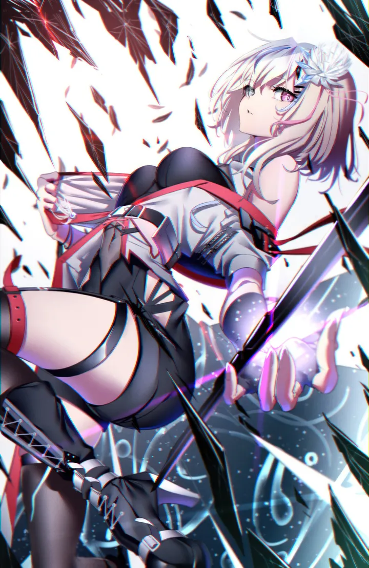 1girl,medium_breasts,medium_hair,breasts,bangs,solo,thigh_strap,hair_flower,hair_ornament,jacket,heterochromia,parted_lips,gloves,holding,fingerless_gloves,grey_eyes,looking_at_viewer,short_hair,shorts,vertical,short_shorts,feathers,chromatic_aberration,shirt,thighhighs,boots,bare_shoulders,off_shoulder,flower,black_shorts,black_thighhighs,black_footwear