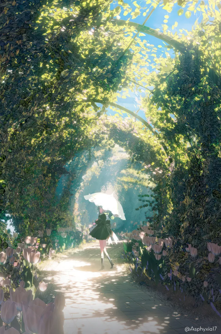 1girl,artist_name,solo,sky,wide_shot,outdoors,holding,holding_umbrella,tree,day,short_hair,vertical,standing,pink_flower,from_behind,dress,parasol,sunlight,shadow,umbrella,scenery,flower,black_dress