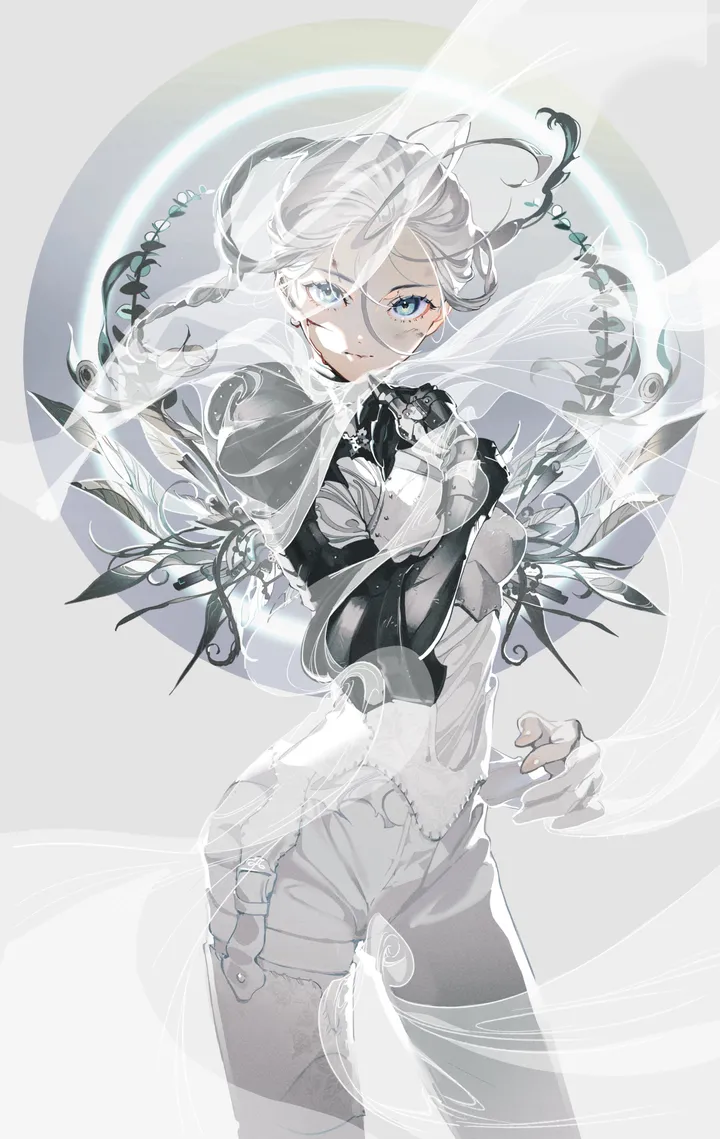 1girl,cowboy_shot,solo,halo,hair_between_eyes,parted_lips,mechanical_arms,white_theme,white_hair,white_pants,looking_at_viewer,vertical,blue_eyes,pants,long_hair,floating_hair