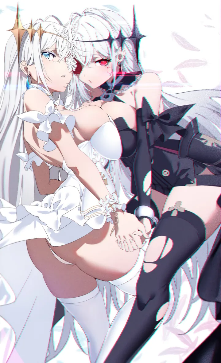 2girls,breasts,cleavage,underwear,panties,bangs,dual_persona,multiple_girls,thighs,hair_ornament,ass,very_long_hair,padlock,breast_press,holding_hands,rose,jewelry,white_panties,white_hair,white_rose,white_background,white_flower,white_thighhighs,white_dress,looking_at_viewer,flower_over_eye,torn_clothes,torn_thighhighs,vertical,red_rose,red_eyes,red_flower,earrings,symmetrical_docking,chromatic_aberration,blue_eyes,large_breasts,thighhighs,dress,cuffs,lock,long_hair,bare_shoulders,detached_collar,flower,black_thighhighs,black_dress