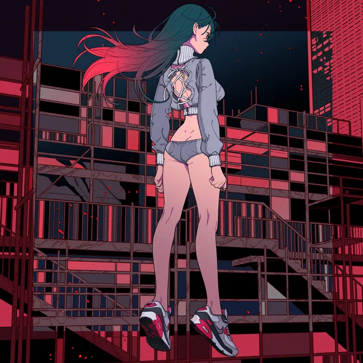 1girl,breasts,full_body,solo,looking_back,multicolored_hair,night,ass,building,sweater,gradient_hair,grey_panties,shorts,vertical,standing,red_hair,from_behind,sneakers,long_hair,long_sleeves,midriff,crop_top,shoes,floating_hair,black_hair