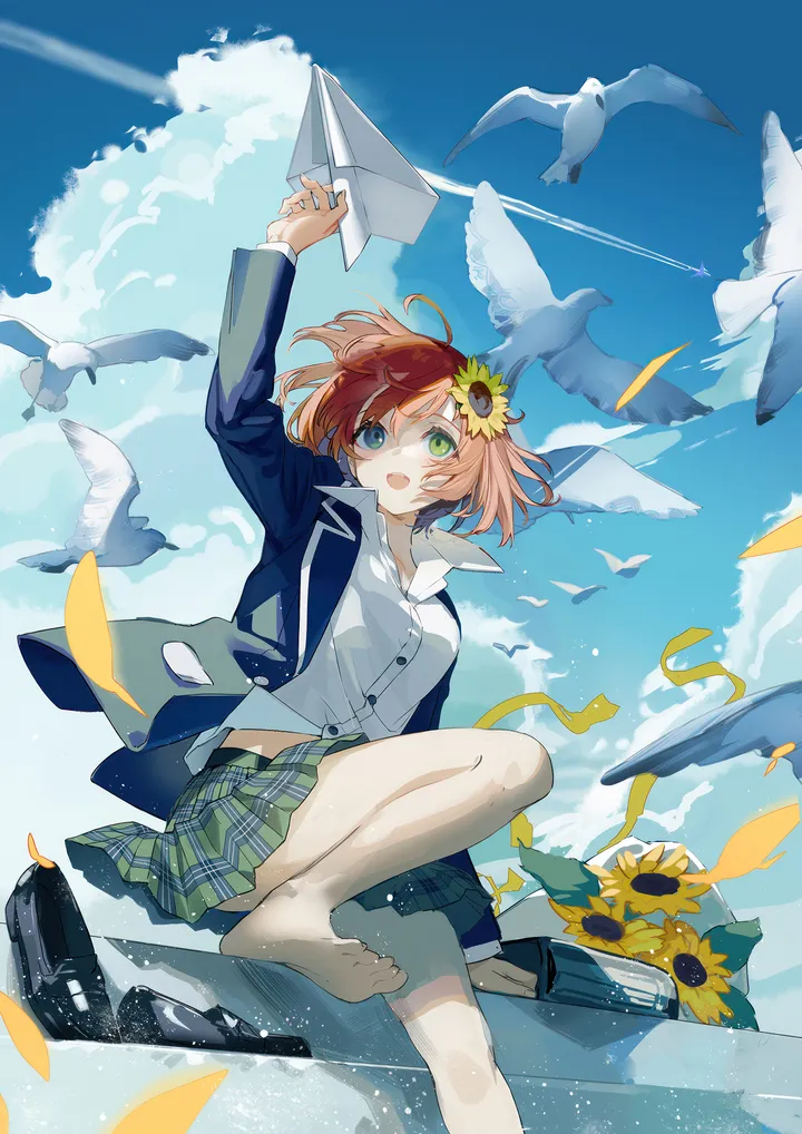 1girl,virtual_youtuber,foot_out_of_frame,arm_up,cloud,dutch_angle,bangs,bag,solo,sunflower,sunflower_hair_ornament,ahoge,sitting,cloudy_sky,sky,hair_flower,hair_ornament,jacket,contrail,open_mouth,outdoors,holding,collared_shirt,school_uniform,plaid,plaid_skirt,brown_hair,orange_hair,day,white_shirt,pleated_skirt,short_hair,skirt,vertical,smile,paper_airplane,green_eyes,green_skirt,feet,shoes_removed,petals,blue_sky,blue_jacket,blue_eyes,shirt,bare_legs,barefoot,dress_shirt,blazer,open_jacket,open_clothes,miniskirt,long_sleeves,flower,bird,yellow_flower