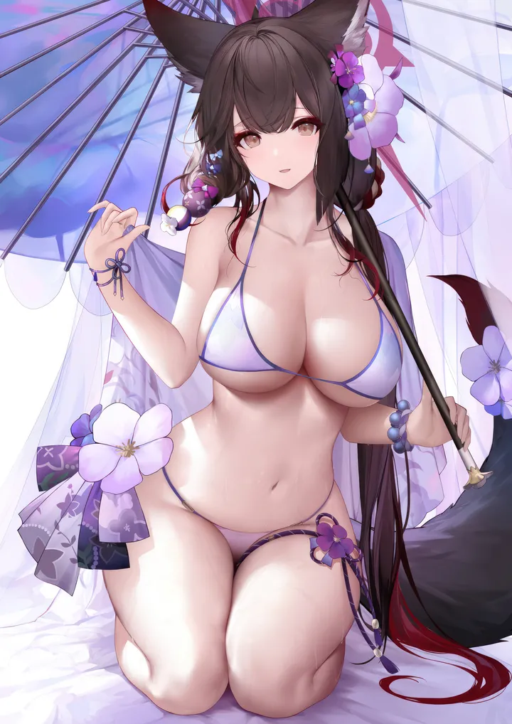 1girl,breasts,cleavage,animal_ears,bangs,solo,sitting,multicolored_hair,thighs,thigh_strap,halo,hair_flower,hair_ornament,stomach,tail,very_long_hair,parted_lips,bracelet,holding,holding_umbrella,brown_hair,brown_eyes,seiza,bikini,oil-paper_umbrella,swimsuit,fox_girl,fox_tail,fox_ears,beads,bead_bracelet,jewelry,white_bikini,looking_at_viewer,vertical,smile,string_bikini,red_hair,halterneck,animal_ear_fluff,navel,blush,kneeling,large_breasts,collarbone,long_hair,parasol,umbrella,bare_shoulders,flower,black_hair