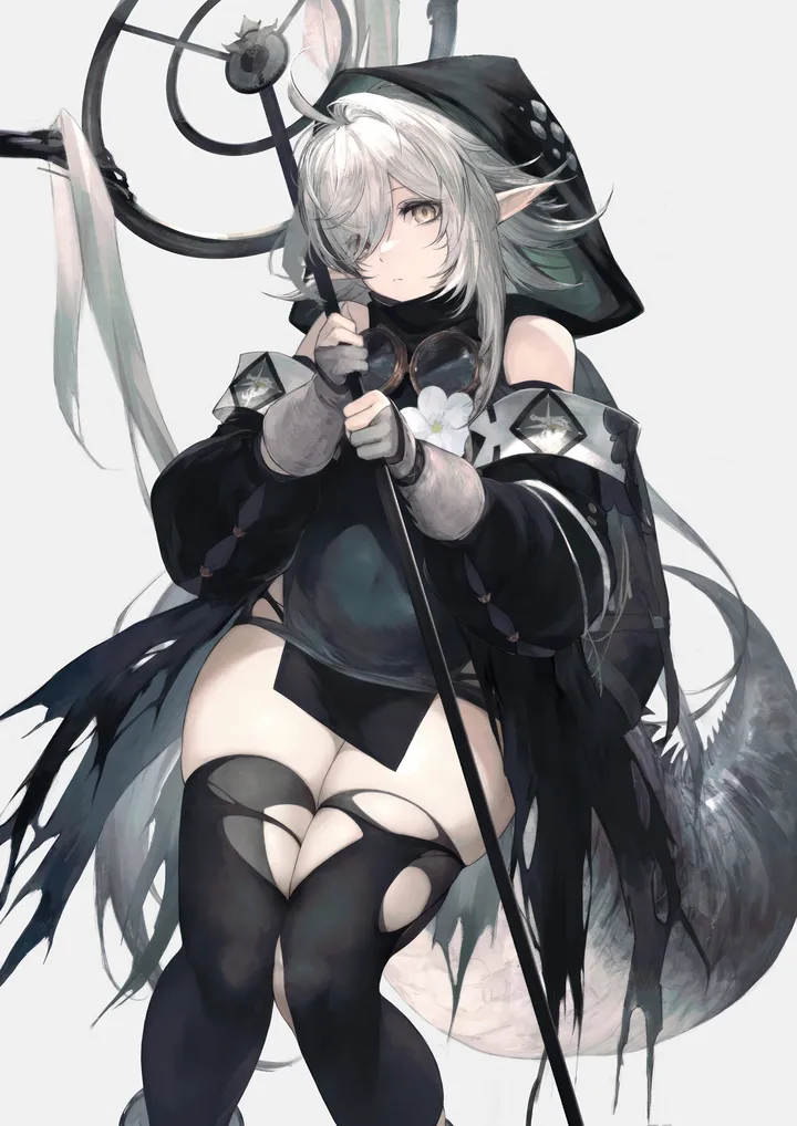 1girl,detached_sleeves,hood,bangs,solo,feet_out_of_frame,ahoge,large_tail,thighs,hair_over_one_eye,pointy_ears,tail,hood_up,gloves,partially_fingerless_gloves,holding_staff,goggles,holding,simple_background,staff,grey_hair,grey_gloves,white_hair,white_background,white_flower,looking_at_viewer,torn_clothes,torn_thighhighs,vertical,goggles_around_neck,skindentation,thighhighs,long_hair,long_sleeves,covered_navel,bare_shoulders,flower,crocodilian_tail,yellow_eyes,black_thighhighs