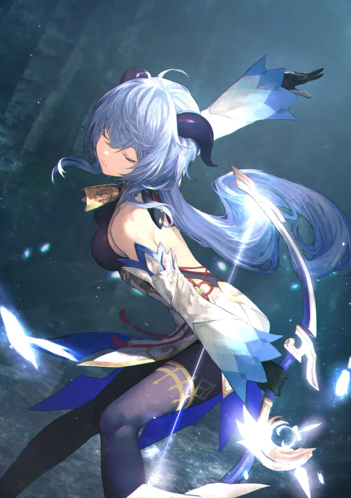 1girl,detached_sleeves,chinese_knot,medium_breasts,breasts,low_ponytail,bangs,solo,closed_eyes,ahoge,closed_mouth,thighlet,sidelocks,goat_horns,bow_weapon,gloves,holding_weapon,holding_bow_weapon,holding,weapon,white_sleeves,vertical,blue_hair,horns,bodystocking,pantyhose,gold_trim,bell,neck_bell,long_hair,bare_shoulders,black_gloves,black_pantyhose