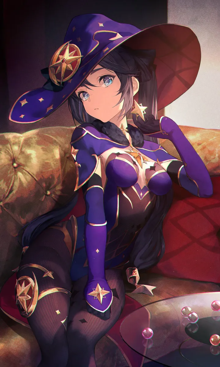 1girl,detached_sleeves,medium_breasts,breasts,bangs,solo,twintails,closed_mouth,on_couch,sitting,thighlet,witch_hat,capelet,hat_ornament,hat,gloves,cape,star_symbol,star_earrings,fur_collar,couch,jewelry,looking_at_viewer,vertical,leotard,purple_headwear,purple_leotard,earrings,blue_headwear,blue_eyes,blue_leotard,small_breasts,bodystocking,pantyhose,gold_trim,long_hair,long_sleeves,covered_navel,choker,highleg,highleg_leotard,black_hair,black_gloves,black_pantyhose