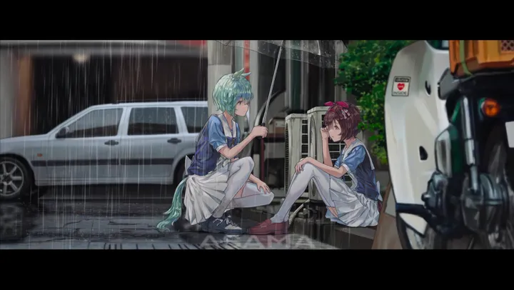 2girls,loafers,animal_ears,bangs,ear_covers,ground_vehicle,sitting,multiple_girls,hair_ornament,tail,outdoors,holding,holding_umbrella,motor_vehicle,school_uniform,brown_hair,brown_footwear,horizontal,sailor_collar,car,light_green_hair,letterboxed,white_skirt,white_thighhighs,pleated_skirt,looking_at_another,short_hair,short_sleeves,skirt,green_hair,puffy_short_sleeves,puffy_sleeves,shirt,thighhighs,sneakers,transparent_umbrella,rain,umbrella,shoes,horse_girl,horse_tail,horse_ears