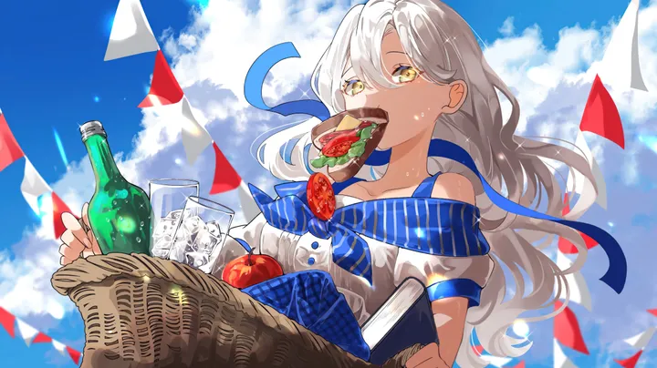 1girl,sandwich,ribbon,book,cloud,upper_body,bangs,solo,food_in_mouth,sky,hair_between_eyes,outdoors,holding,cup,horizontal,fruit,bottle,mouth_hold,day,white_hair,white_shirt,short_sleeves,basket,apple,blue_sky,shirt,dress,drinking_glass,long_hair,bare_shoulders,off_shoulder,bread,food,yellow_eyes