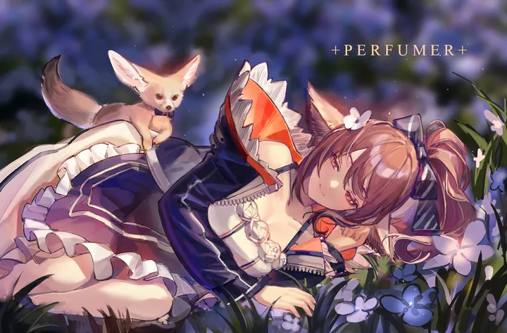 1girl,medium_breasts,breasts,cleavage,on_side,animal_ears,bangs,animal,solo,closed_mouth,on_grass,hair_ornament,jacket,tail,outdoors,brown_hair,brown_eyes,blurry,blurry_background,horizontal,fox_girl,fox,fox_tail,fox_ears,white_flower,white_dress,looking_at_viewer,smile,frills,grass,blue_jacket,blue_bow,bow,hair_bow,open_jacket,open_clothes,lying,dress,long_hair,long_sleeves,bare_shoulders,off_shoulder,ponytail,flower