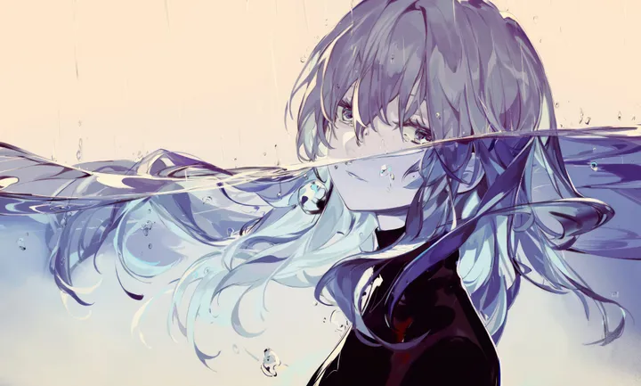 1girl,upper_body,from_side,bangs,solo,closed_mouth,hair_between_eyes,horizontal,water,water_drop,bubble,jewelry,looking_at_viewer,earrings,blue_hair,blue_eyes,shirt,partially_underwater_shot,long_hair,rain,floating_hair,black_shirt