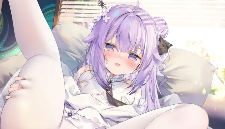 1girl,detached_sleeves,ribbon,breasts,on_back,underwear,panties,spread_legs,bangs,solo,single_hair_bun,ahoge,hair_bun,on_bed,single_side_bun,hair_flower,hair_ribbon,hair_ornament,indoors,open_mouth,pillow,horizontal,white_dress,white_pantyhose,looking_at_viewer,tears,panties_under_pantyhose,purple_hair,purple_eyes,blush,lying,dress,pantyhose,long_hair,flower