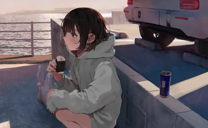 1girl,hood,bangs,bag,solo,eating,ground_vehicle,plastic_bag,outdoors,holding_can,holding,can,motor_vehicle,brown_hair,brown_eyes,horizontal,car,hood_down,ocean,grey_hoodie,white_hoodie,short_hair,blush,sleeves_past_wrists,squatting,hoodie,long_sleeves,food