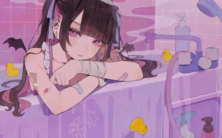 1girl,ribbon,upper_body,colored_inner_hair,bangs,bandaid,solo,two-tone_hair,twintails,smoking,closed_mouth,multicolored_hair,hair_ribbon,indoors,rubber_duck,holding_cigarette,bandaid_on_arm,holding,brown_hair,horizontal,water,bathtub,smoke,jewelry,tiles,tile_wall,blunt_bangs,looking_at_viewer,piercing,ear_piercing,pink_hair,pink_eyes,purple_eyes,bandages,bandaged_arm,wings,earrings,mini_wings,long_hair,bare_shoulders,cigarette,black_hair