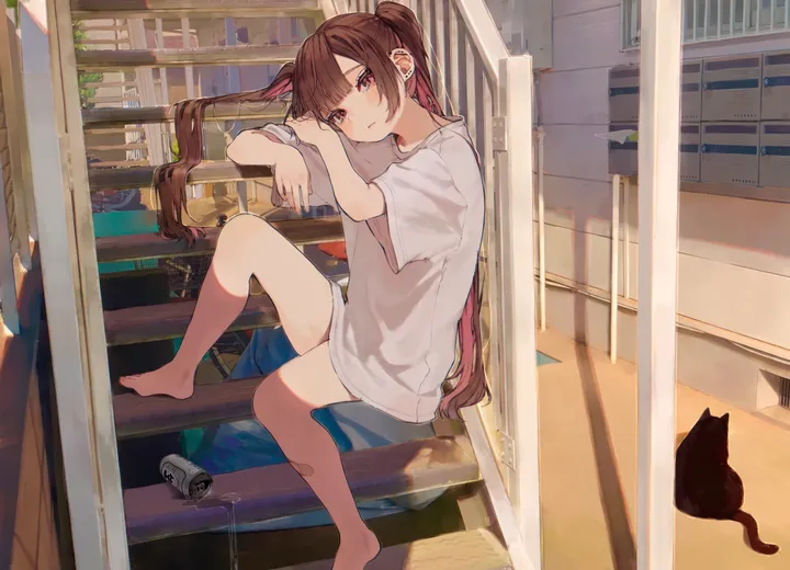 1girl,t-shirt,foot_out_of_frame,colored_inner_hair,bangs,bandaid,solo,knee_up,twintails,stairs,sitting,multicolored_hair,indoors,very_long_hair,parted_lips,nail_polish,can,brown_hair,brown_eyes,horizontal,cat,white_shirt,blunt_bangs,looking_at_viewer,short_sleeves,window,blush,bandaid_on_leg,shirt,bare_legs,barefoot,oversized_clothes,oversized_shirt,long_hair,balcony,black_cat