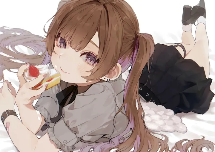 1girl,cake_slice,bangs,bandaid,solo,twintails,eating,closed_mouth,jirai_kei,multicolored_hair,thigh_strap,angel_wings,holding,holding_food,nail_polish,simple_background,brown_hair,horizontal,fruit,jewelry,white_background,white_socks,looking_at_viewer,short_sleeves,skirt,piercing,ear_piercing,smile,purple_eyes,feathered_wings,wings,feet_up,earrings,food_on_face,blush,watch,strawberry,strawberry_shortcake,puffy_short_sleeves,puffy_sleeves,cake,shirt,socks,on_stomach,lying,long_hair,shoes,food,black_skirt,black_footwear