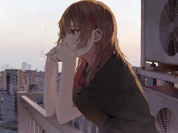 1girl,upper_body,from_side,bangs,solo,own_hands_together,city,cityscape,multicolored_hair,building,outdoors,railing,brown_hair,brown_eyes,horizontal,jewelry,electric_fan,short_sleeves,piercing,ear_piercing,red_hair,earrings,shirt,long_hair,black_shirt