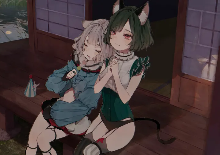 2girls,east_asian_architecture,animal_ears,underwear,panties,bangs,closed_eyes,garter_straps,closed_mouth,dango,sitting,multiple_girls,tail,architecture,outdoors,holding,sleeveless,wagashi,horizontal,grey_hair,holding_hands,cat_girl,cat_tail,cat_ears,sleeping,short_hair,smile,red_eyes,animal_ear_fluff,frills,shirt,thighhighs,veranda,long_sleeves,food,black_panties,black_hair