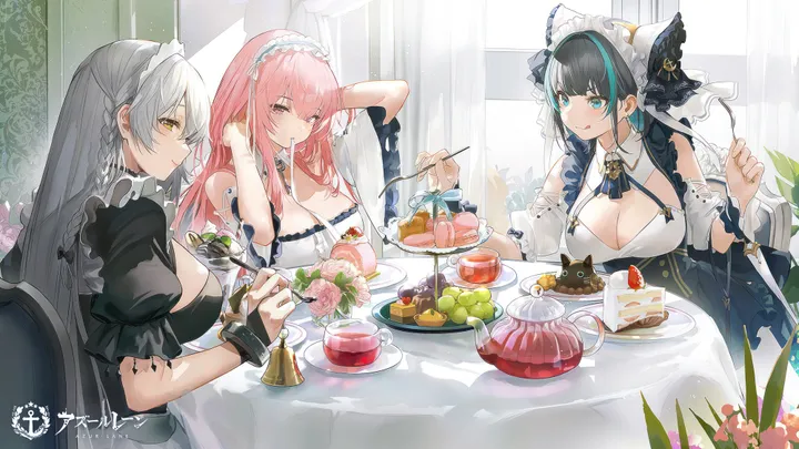 3girls,braid,detached_sleeves,breasts,cleavage,tiered_tray,bangs,two-tone_hair,hairband,tongue_out,eating,sitting,multiple_girls,multicolored_hair,maid,maid_headdress,indoors,holding,holding_fork,streaked_hair,cup,table,horizontal,fruit,grey_hair,white_hair,looking_at_viewer,short_sleeves,smile,pink_hair,pink_rose,pink_eyes,pink_flower,wrist_cuffs,cupcake,tongue,frills,frilled_hairband,blue_eyes,puffy_sleeves,cake,large_breasts,dress,long_hair,bare_shoulders,detached_collar,food,fork,macaron,flower,yellow_eyes,black_dress