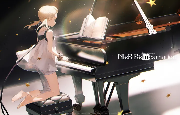 1girl,instrument,book,low_twintails,see-through,solo,closed_eyes,twintails,sleeveless,sleeveless_dress,star_symbol,horizontal,white_dress,cable,bandaged_leg,bandages,open_book,english_text,barefoot,kneeling,dress,see-through_dress,blonde_hair,piano,long_hair,bare_shoulders,music