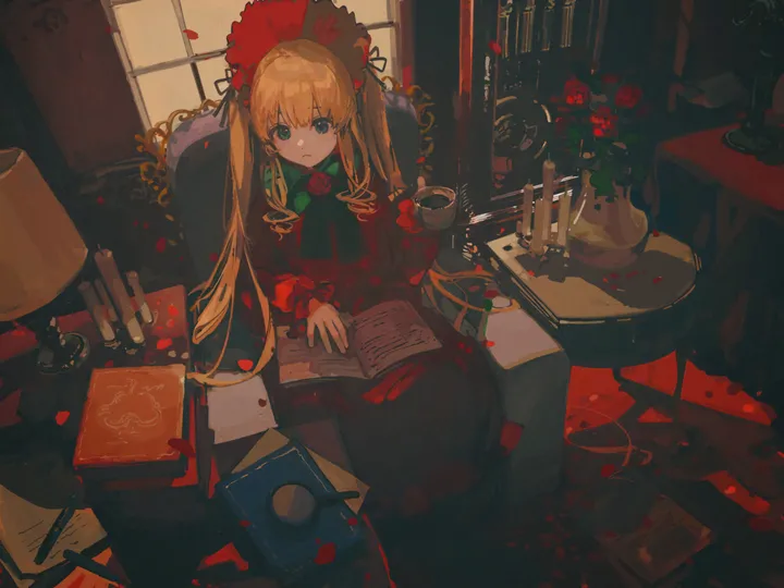 1girl,book,bangs,solo,twintails,bonnet,sitting,sidelocks,indoors,very_long_hair,parted_lips,cup,table,chair,horizontal,lolita_fashion,lamp,candlestand,rose,looking_at_viewer,window,red_rose,red_flower,red_dress,green_bow,green_bowtie,open_book,petals,teacup,saucer,blue_eyes,candle,bow,dress,blonde_hair,long_hair,long_sleeves,bowtie,flower