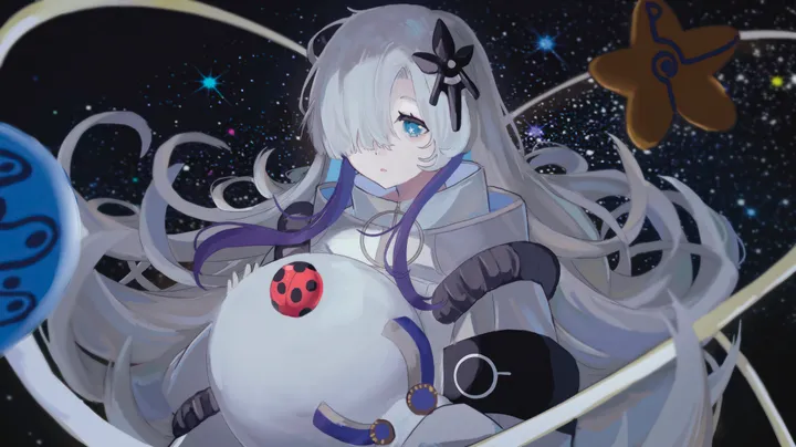 1girl,virtual_youtuber,one_eye_covered,upper_body,bangs,solo,two-tone_hair,coat,multicolored_hair,hair_ornament,hair_over_one_eye,space,very_long_hair,parted_lips,star_symbol,star_sky,starry_sky,horizontal,grey_hair,white_coat,white_hair,looking_at_viewer,purple_hair,blue_eyes,bug,long_hair,floating_hair