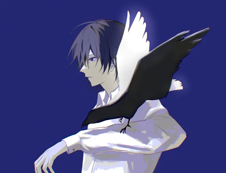 1boy,crow,upper_body,from_side,profile,bangs,animal,solo,closed_mouth,hair_between_eyes,collared_shirt,simple_background,horizontal,male_focus,white_shirt,short_hair,purple_eyes,animal_on_shoulder,blue_background,shirt,long_sleeves,bird,black_hair