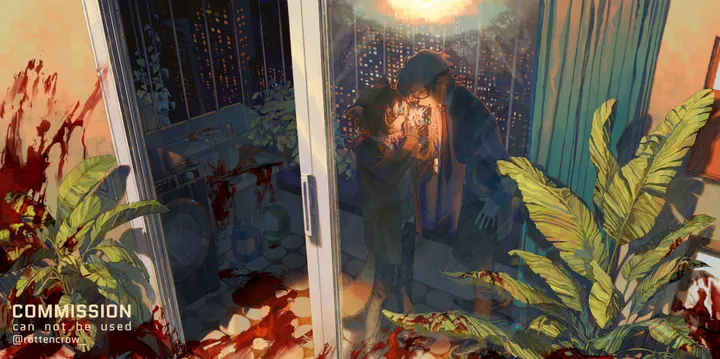 1girl,1boy,2boys,reflection,multiple_boys,jacket,indoors,holding,brown_hair,plant,horizontal,tiles,tile_floor,potted_plant,glasses,short_hair,window,standing,english_text,blood,blood_splatter,blood_on_clothes,shirt,pants,mirror,long_sleeves,black_hair